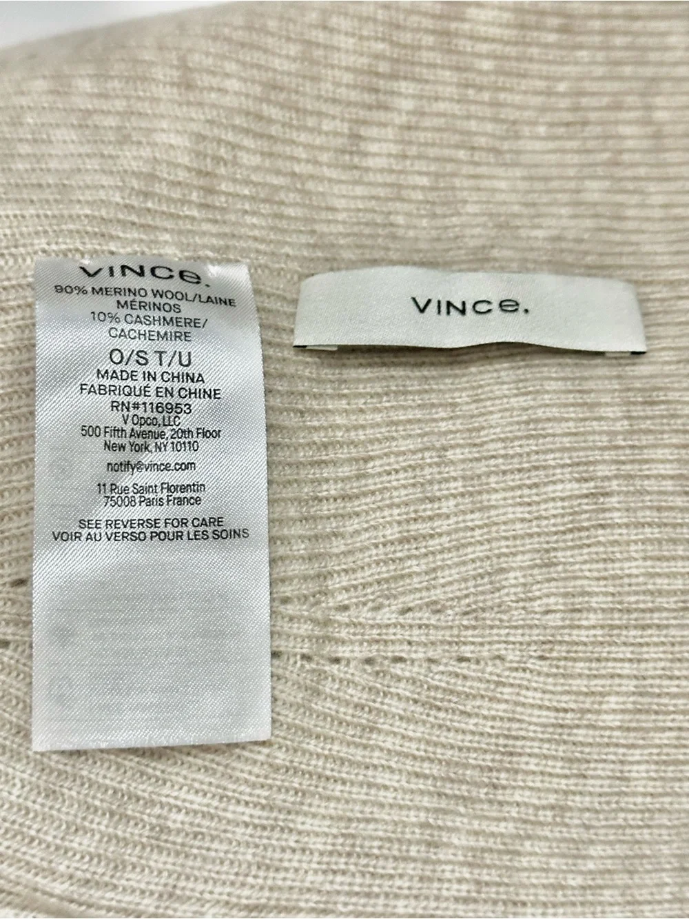 VINCE Wool Cashmere Rib Knit Beanie Hat Embroidered Logo Cuff NEW OS Oatmeal